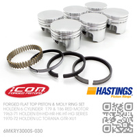 ICON 186+0.030" FORGED FLAT TOP PISTONS & HASTING MOLY RINGS [HOLDEN 6-CYL 186 RED MOTOR]