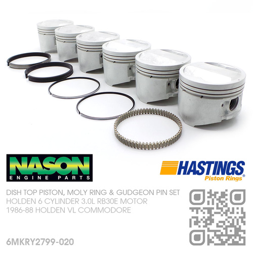 NASON RB30+0.020" DISH TOP PISTONS & HASTINGS MOLY RINGS [HOLDEN 6-CYL RB30E 3.0L MOTOR]