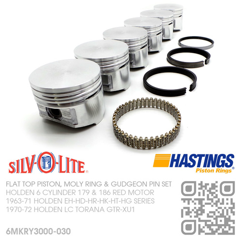 SILVOLITE 186+0.030" FLAT TOP PISTONS & HASTING MOLY RINGS [HOLDEN 6-CYL 186 RED MOTOR]