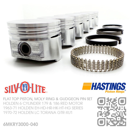 SILVOLITE 186+0.040" FLAT TOP PISTONS & HASTING MOLY RINGS [HOLDEN 6-CYL 186 RED MOTOR]