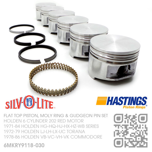 SILVOLITE 202+0.030" FLAT TOP PISTONS & HASTINGS MOLY RINGS [HOLDEN 6-CYL 202 RED/BLUE/BLACK MOTOR]
