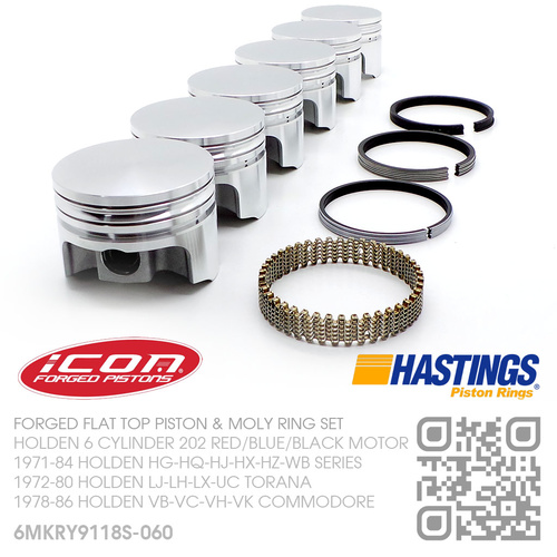 ICON 202+0.060" FORGED FLAT TOP PISTONS & HASTINGS MOLY RINGS [HOLDEN 6-CYL 202 RED/BLUE/BLACK MOTOR]