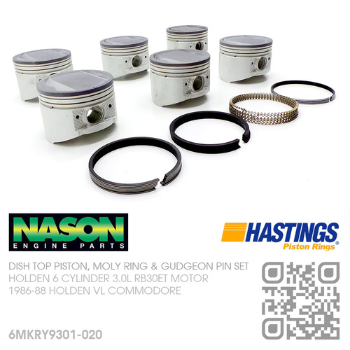 NASON RB30+0.020" DISH TOP PISTONS & HASTINGS MOLY RINGS [HOLDEN 6-CYL RB30ET TURBO 3.0L MOTOR]