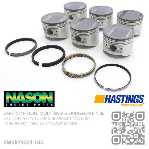 NASON RB30+0.040" DISH TOP PISTONS & HASTINGS MOLY RINGS [HOLDEN 6-CYL RB30ET TURBO 3.0L MOTOR]