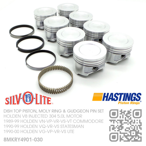 SILVOLITE 304+0.030" DISH TOP PISTONS & HASTING MOLY RINGS [HOLDEN V8 304 INJECTED 5.0L MOTOR]