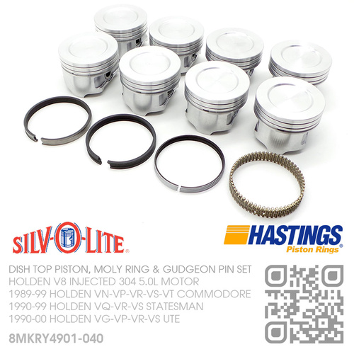 SILVOLITE 304+0.040" DISH TOP PISTONS & HASTING MOLY RINGS [HOLDEN V8 304 INJECTED 5.0L MOTOR]
