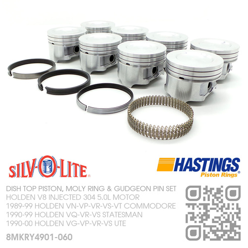 SILVOLITE 304+0.060" DISH TOP PISTONS & HASTING MOLY RINGS [HOLDEN V8 304 INJECTED 5.0L MOTOR]