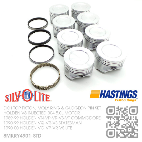 SILVOLITE 304 STD DISH TOP PISTONS & HASTING MOLY RINGS [HOLDEN V8 304 INJECTED 5.0L MOTOR]