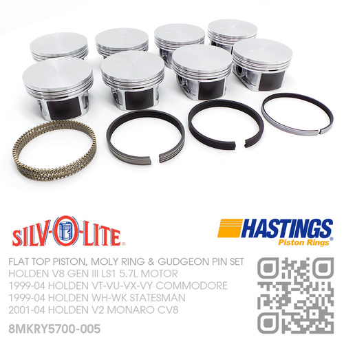 SILVOLITE LS1+0.005" FLAT TOP PISTONS & HASTINGS MOLY RINGS [HOLDEN V8 GEN III LS1 5.7L MOTOR]