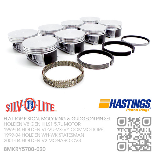 SILVOLITE LS1+0.020" FLAT TOP PISTONS & HASTINGS MOLY RINGS [HOLDEN V8 GEN III LS1 5.7L MOTOR]