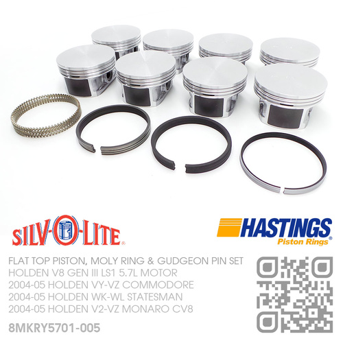 SILVOLITE LS1+0.005" FLAT TOP PISTONS & HASTINGS MOLY RINGS [HOLDEN V8 GEN III LS1 5.7L MOTOR]