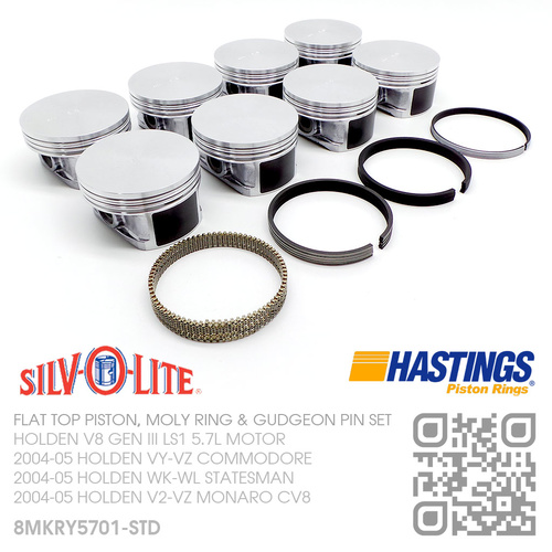 SILVOLITE LS1 STD FLAT TOP PISTONS & HASTINGS MOLY RINGS [HOLDEN V8 GEN III LS1 5.7L MOTOR]