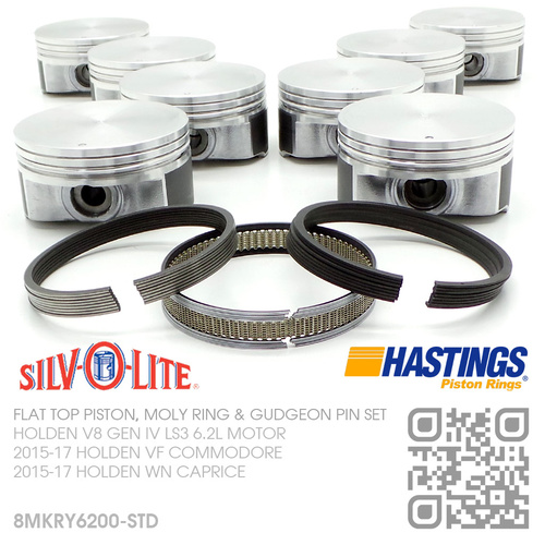 SILVOLITE LS3 STD FLAT TOP PISTONS & HASTINGS MOLY RINGS [HOLDEN V8 GEN IV LS3 6.2L MOTOR]
