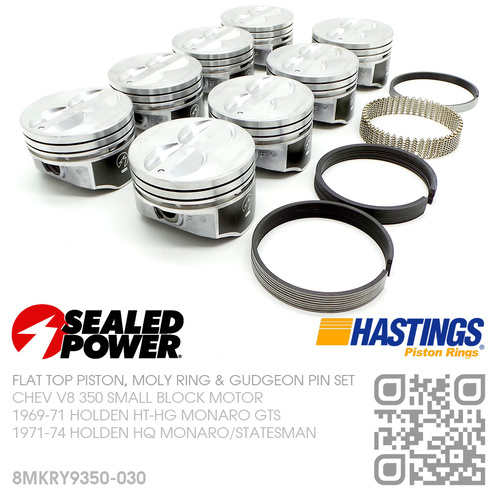 SEALED POWER 350+0.030" FLAT TOP PISTONS & HASTING MOLY RINGS [CHEV V8 350 SMALL BLOCK MOTOR]