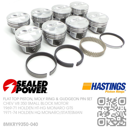 SEALED POWER 350+0.040" FLAT TOP PISTONS & HASTING MOLY RINGS [CHEV V8 350 SMALL BLOCK MOTOR]