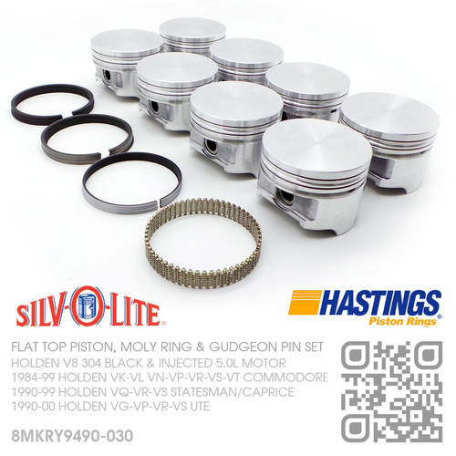 SILVOLITE 304+0.030" FLAT TOP PISTONS & HASTING MOLY RINGS [HOLDEN V8 304 BLACK & INJECTED 5.0L MOTOR]